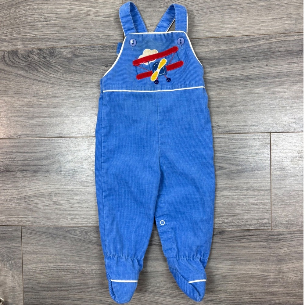 Vintage Health‑tex 9M Corduroy Baby Romper Blue Footed One Piece Airplane
